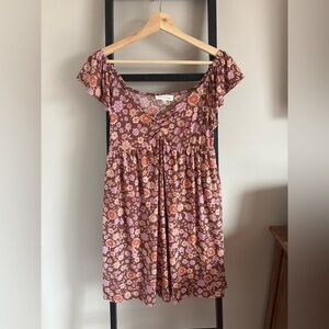 Pink Rose Brown Floral Puff-Sleeve Dress with Pink & Orange Blooms